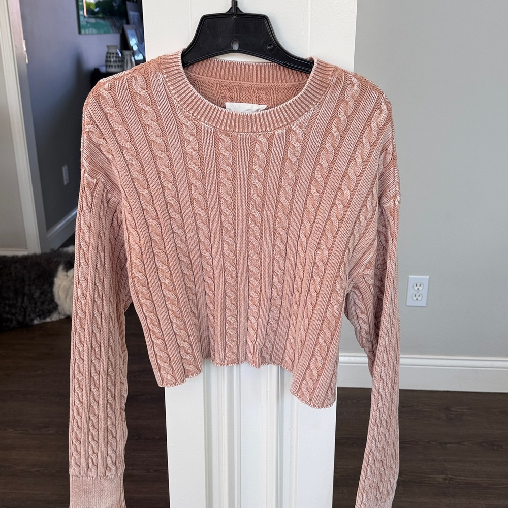aerie Cropped Cable Crewneck Sweater in light brown Large